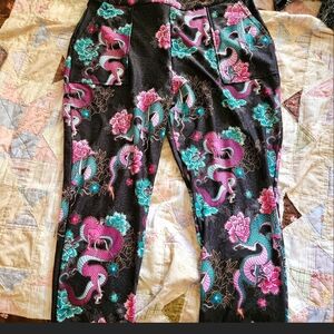 XL/XXL Black Fleece Lined Pants w/ Pink & Teal Dragon Print